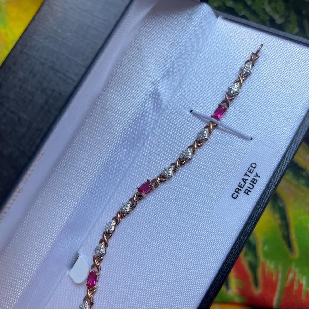 NIB 14K Yellow Gold Plated 10CT Oval Cut Lab-Created Red Ruby Tennis Bracelet